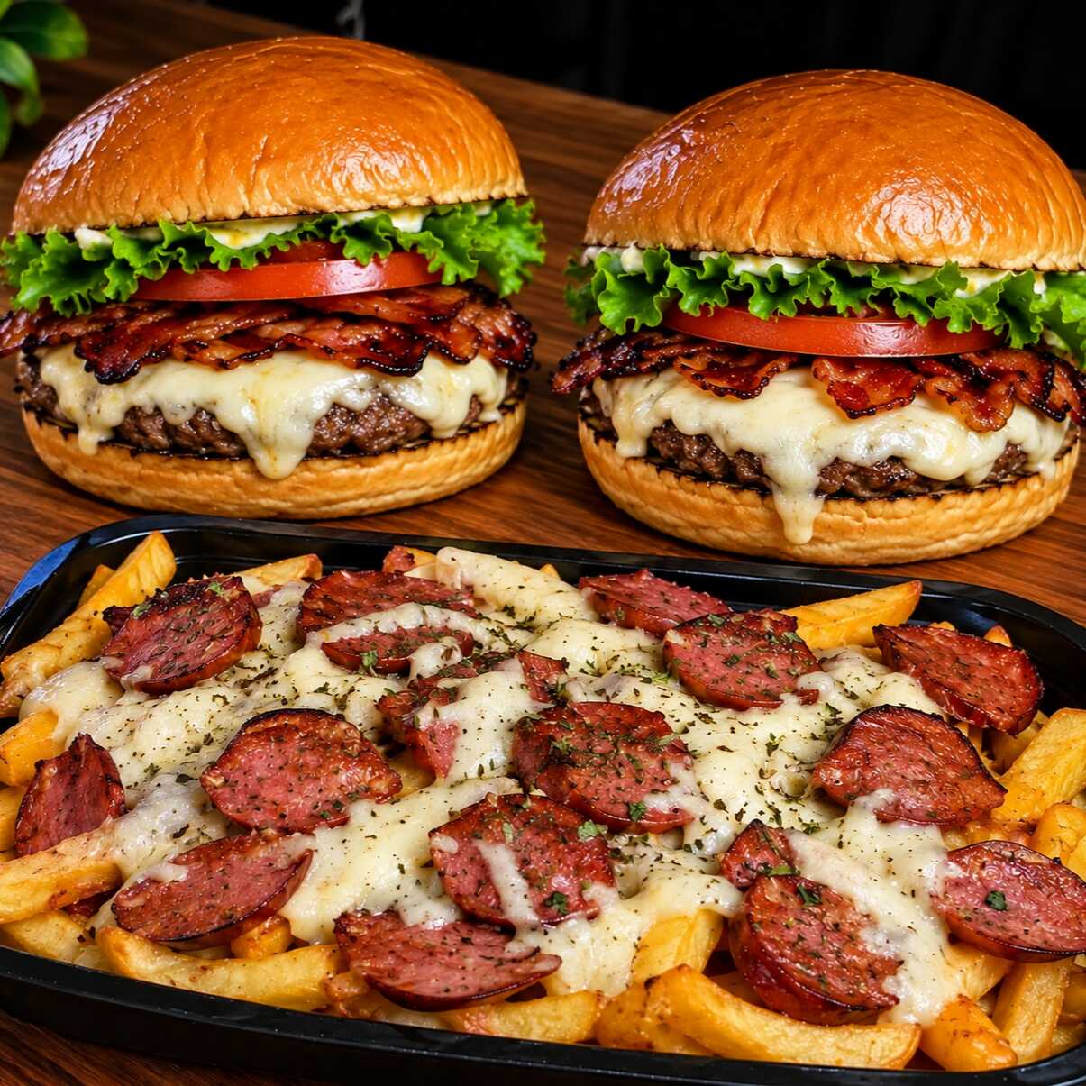 2 hambúrgueres carne queijo mussarela derretido, alface fresca e tomate. Acompanha uma porção generosa de batata frita recheada e calabresa fatiada, Uma opção caprichada e perfeita para matar a fome! 🤤