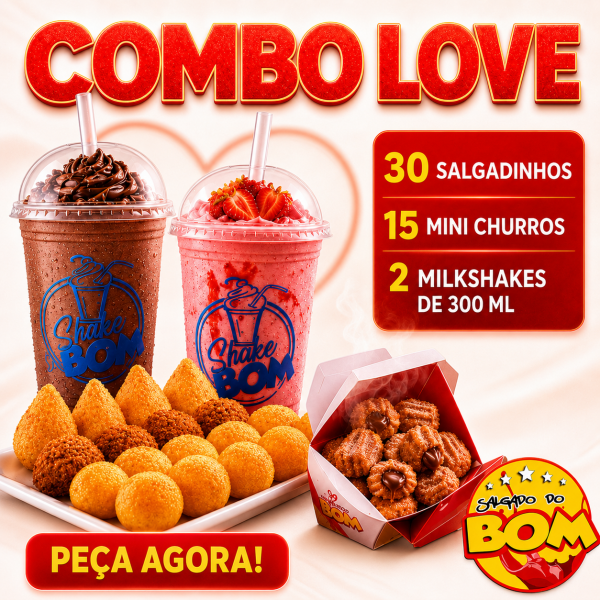 30 Salgadinhos Festa + 15 Mini Churros + 2 Milkshakes 300ml Damos o direito a você nosso cliente e amigo de escolher até 5 sabores. Sabores: - Coxinha; - Bolinha de queijo; - Calabresa; - Kibe; - Queijo c/ alho; - Queijo c/ presunto; - Salsicha; - Risole de Camarão. Obs: Especificar os sabores no pedido, caso não informado, será preparado misto. Damos o mesmo direito para escolher os sabores dos Milkshakes. Sabores: - Chocolate; - Morango; - Ovo Maltine; - Ferrero Rocher. Obs: Especificar os sabores no pedido, caso não informado, será preparado a sorte.