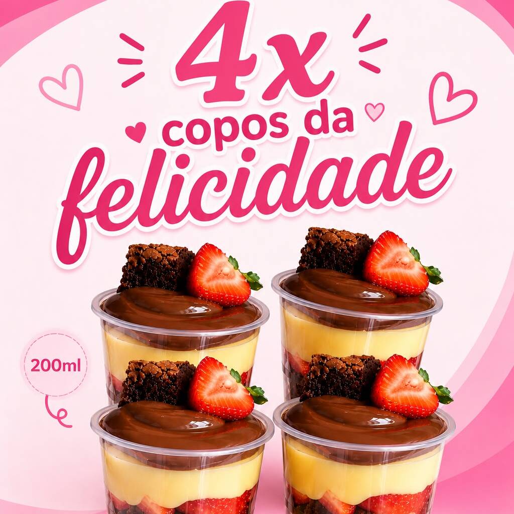 4x copos da felicidade com brownies, no recheio de sua preferência.