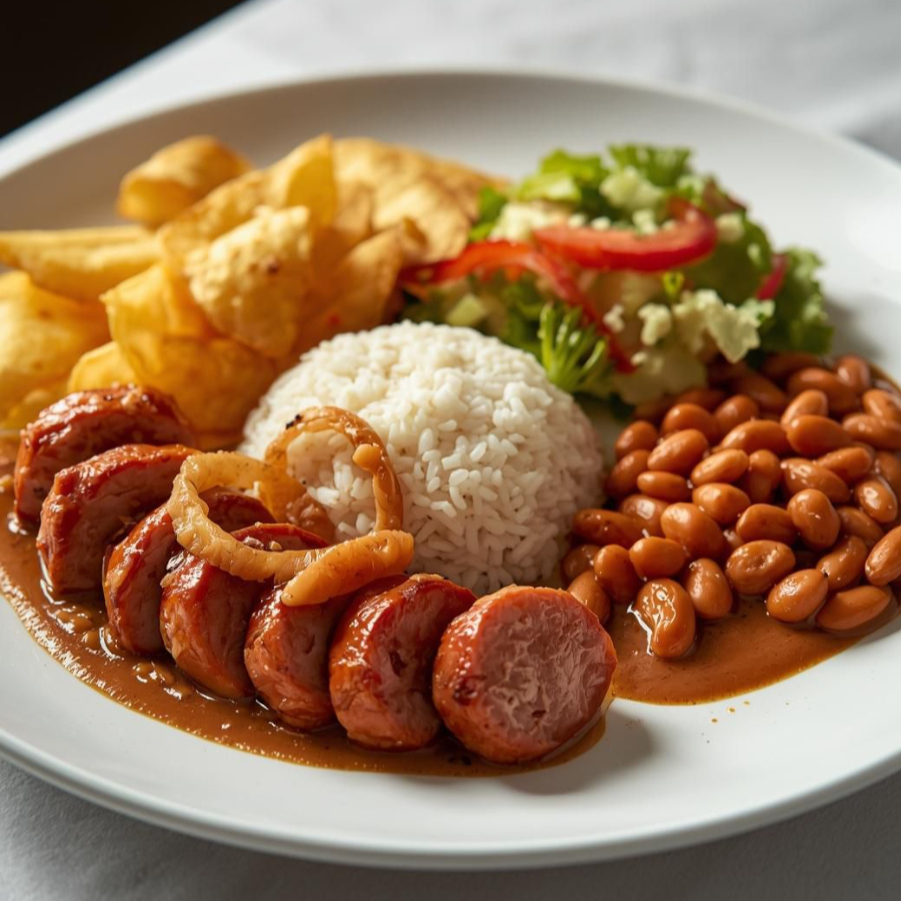 Deliciosa executivo de calabresa acebolada em rodelas, acompanha arroz, feijão, batata frita e salada.
