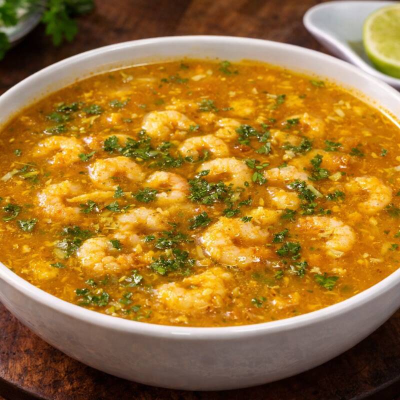 Caldo cremoso feito com farinha de mandioca, camarão regional e verduras.