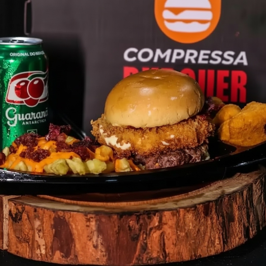 Acompanha Pão de brioche, 150 gramas de carne, 100 gramas de catupiry empanado, maionese e bacon. Mais batata turbinada e refri 350ml .