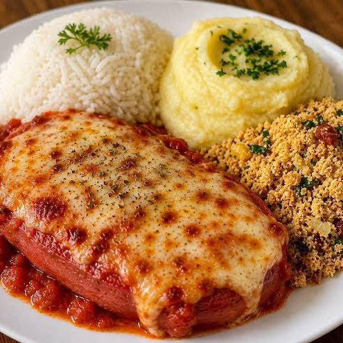 Arroz , feijão ,Macarao , farofa ,1 linguiça Toscana com queijo e molho ,batata frita + guaravita