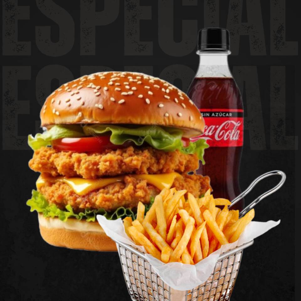 Hamburguesa Doble Pollo crispy + papas + Coca cola
