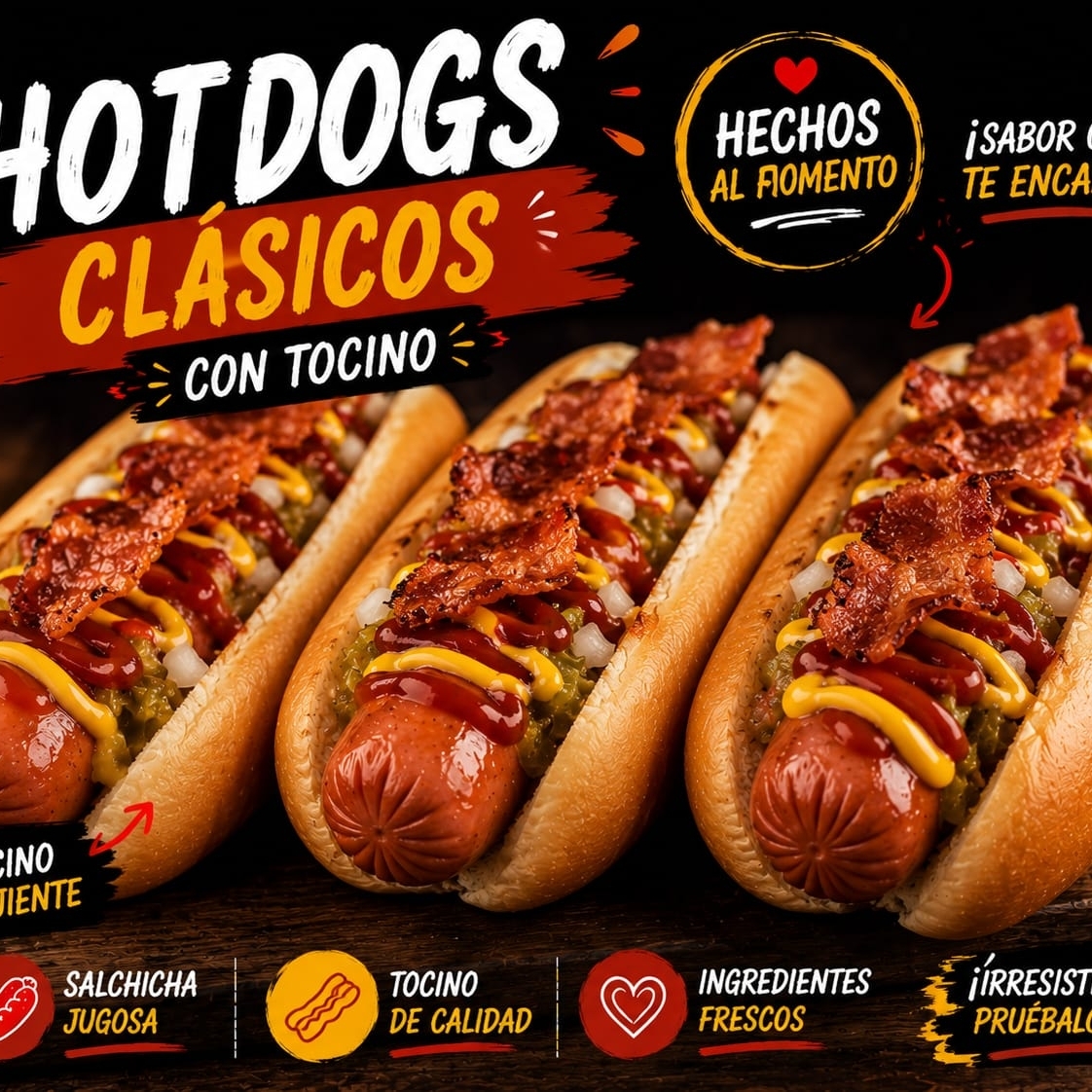 3 hot dogs con tocino