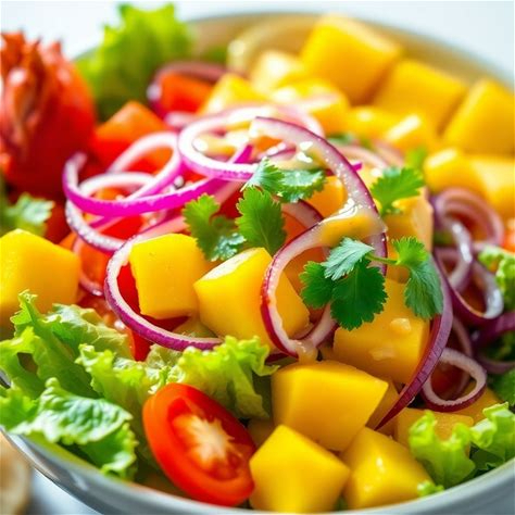 Alface Americana, Tomate, Cebola roxa em fatias fininhas, Manga em cubos, Suco de limão, Coentro, Azeite de Oliva, Sal e Pimenta do Reino. Cheiro verde e Gergelim decorativos.