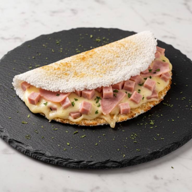 Uma combinação que nunca sai de moda! Tapioca recheada com muçarela derretida e presunto, leve, saborosa e perfeita para qualquer hora do dia.