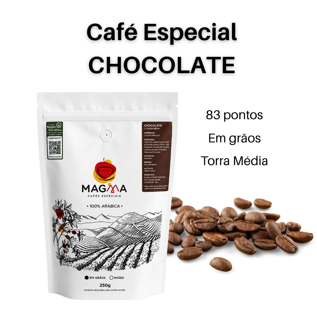 Café de aroma doce; Acidez cítrica; Corpo licoroso; Notas de caramelo, chocolate, amêndoa, nozes; Finalização mel. Torra média. 100% Arábica