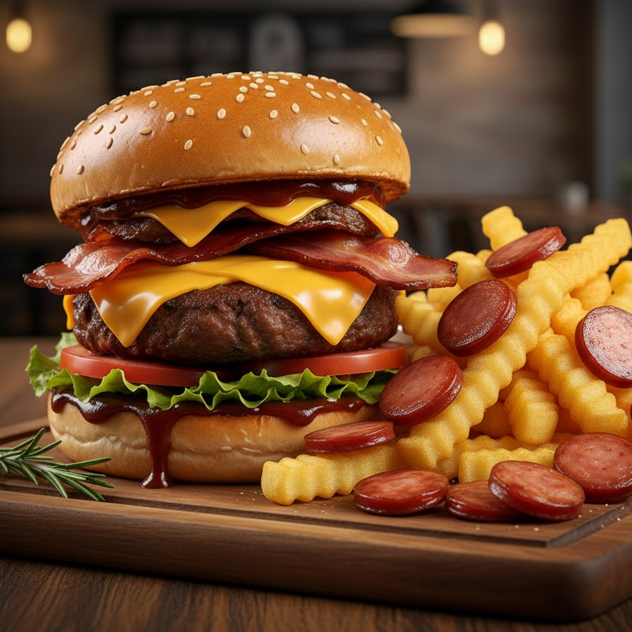 1 hamburguer com: carne artesanal, queijo, bacon, cebola, tomate, alface e barbecue. + 300g de batata frita e + 50g de calabresa.