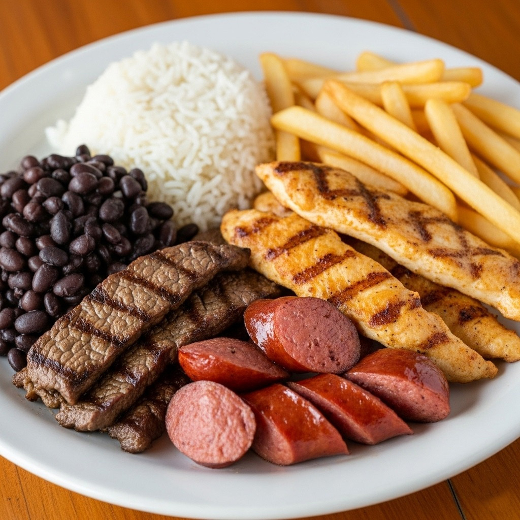 Um churrasco misto completo com saborosa alcatra em tiras, suculentas iscas de frango e linguiça, tudo grelhado na perfeição. Acompanha batata frita, arroz branco soltinho e nosso feijão com tempero de casa.