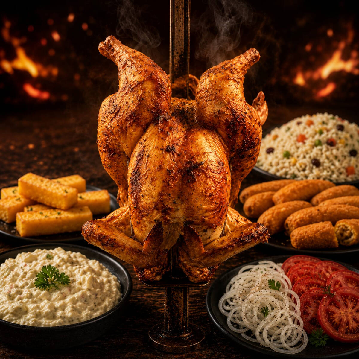 Neste Kit alem do frango a peça inteira voce escolhe 2 acompanhamentos da porção grande e mais a farofa.