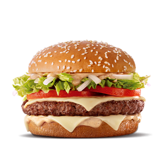 Composto por um hambúrguer de carne 100% bovina, o icônico molho tasty, queijo processado sabor emental, tomate, alface, cebola, tudo isso no pão com gergelim
