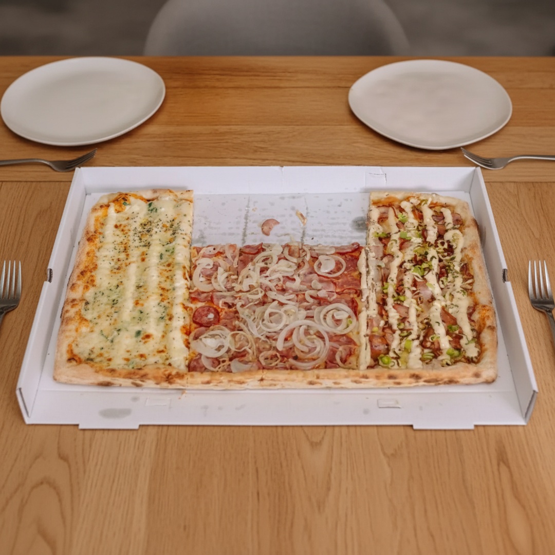 Nossa Pizza Trem tem 70x35cm você pode escolher até 4 vagões de sabores diferentes. Um total de 32 pedaços que serve até 8 pessoas.