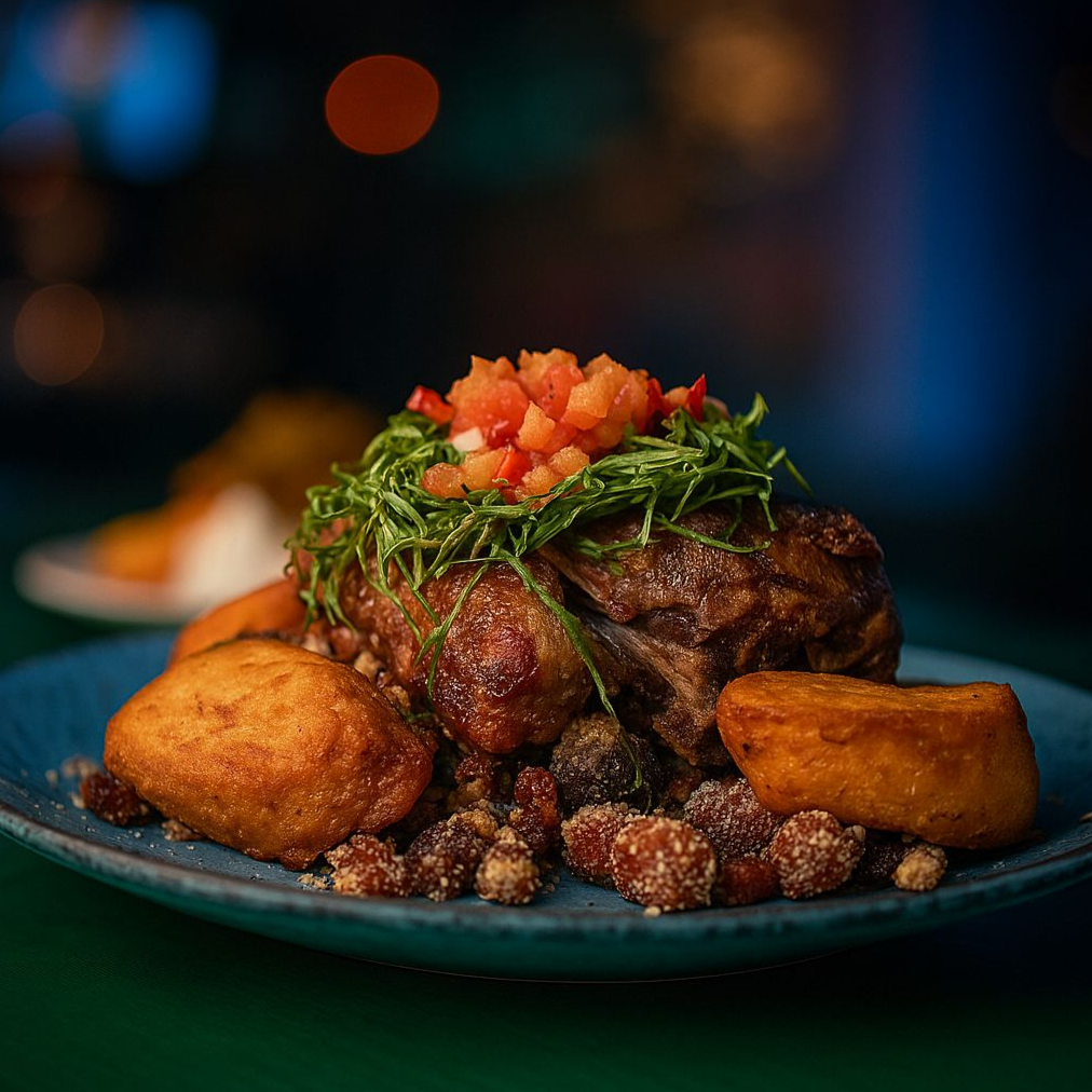 Costela suína assada 12h em baixa temperatura, finalizada no forno combinado e vinagrete de couve.