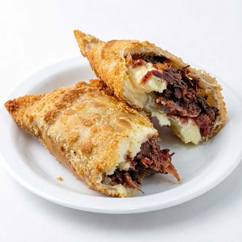 Pastel de carne seca, queijo coalho, bacon e melaço de carne.