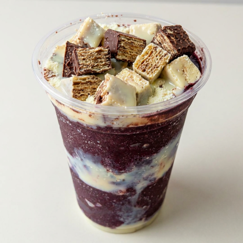 Uma explosão de sabor em cada colher! Nosso açaí cremoso vem acompanhado de muito Bis crocante, a doçura perfeita do leite condensado, a cremosidade irresistível do leite em pó e a leve acidez do morango fresquinho para equilibrar.