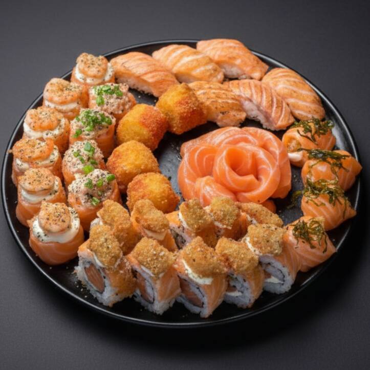 6 Sashimi de salmão,10 Uramaki seiryu,4 Shakemaki,6 Ebi joe,4 Joe,6 Niguiri de salmão maçaricado,4 Kani queijo empanado.