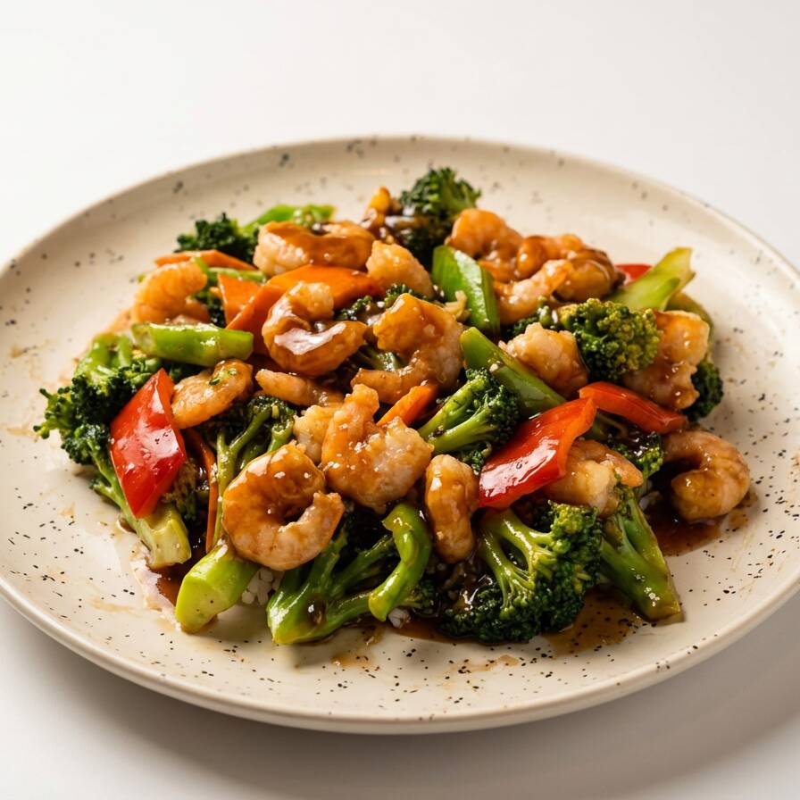 Camarão com Brócolis, Cenoura e Pimentão