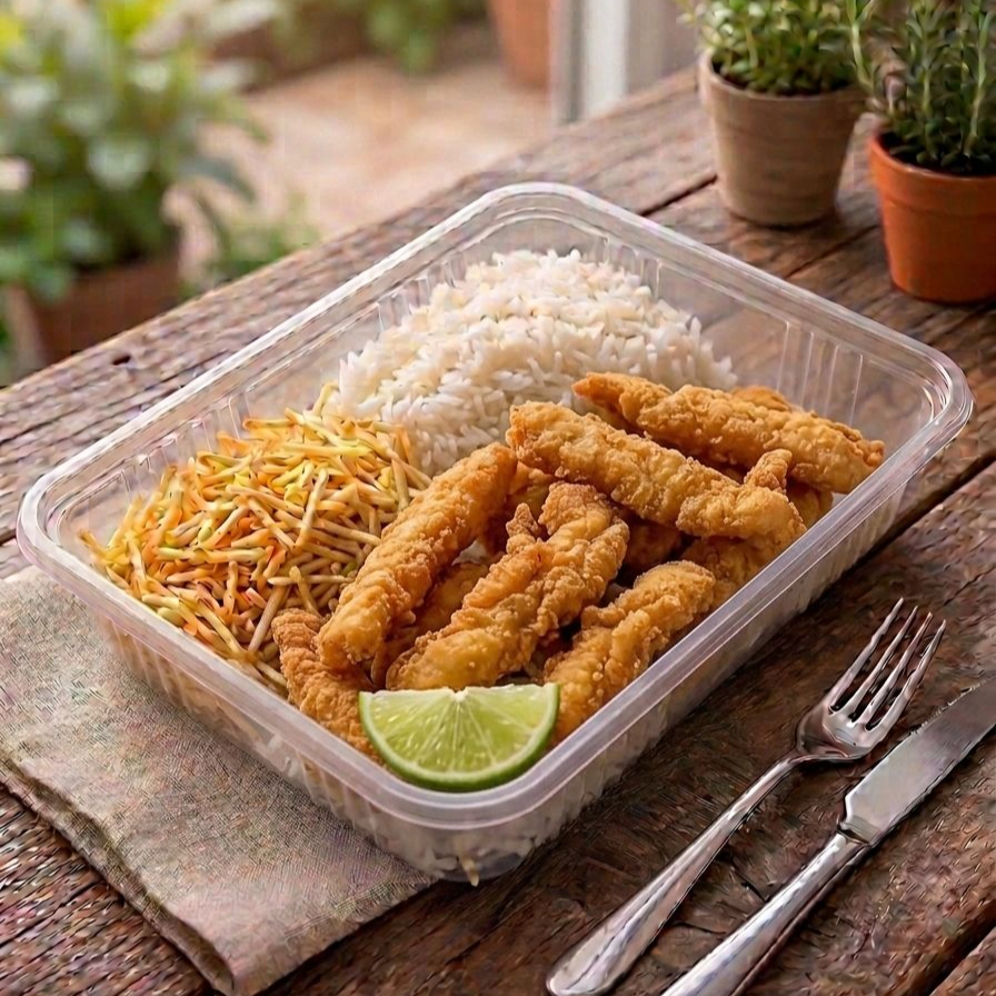 deliciosa isca de peixe douradinha com feijão fresquinho , arroz branquinho e batata Palha ideal para uma pessoa 500gr