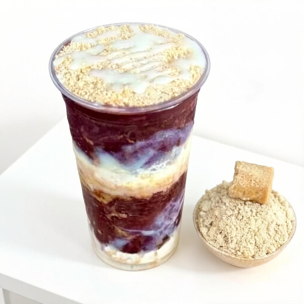 Açaí 500ml com, leite condensado e amendoim triturado.