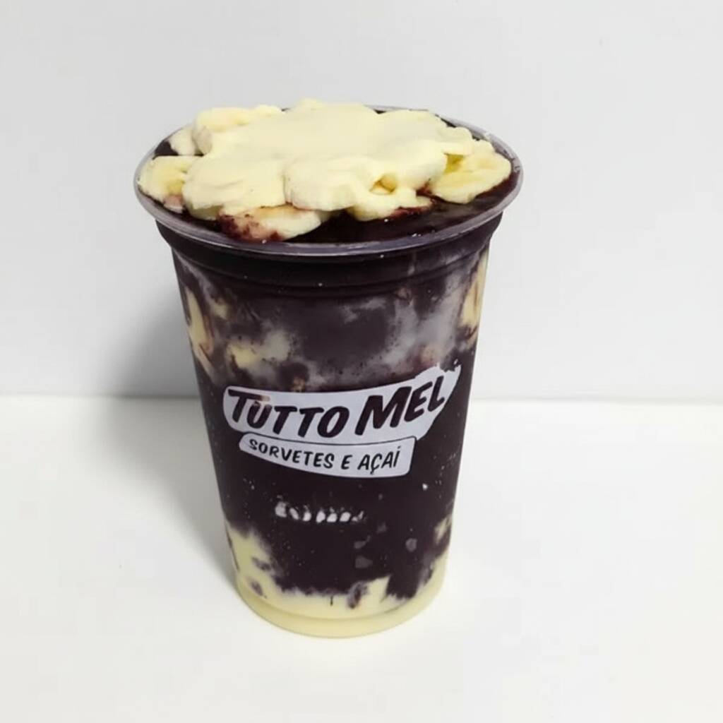 Açaí tradicional de 500 ml. Os acompanhamentos são montados em camadas, Creme de Ninho, Banana, Farinha Láctea e Granola. Não enviados separadamente.