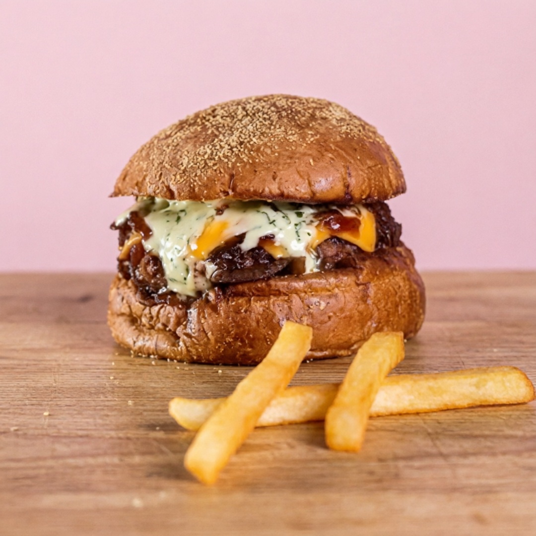 Burguer bovino de aproximadamente 150g, blend da casa, queijo cheddar, cebola caramelizada, molho da casa, no pão australiano.