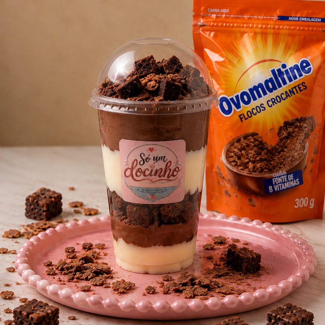 O equilíbrio perfeito! Copo de 250 ml com camadas de Brigadeiro Cremoso de Ovomaltine e Brigadeiro Branco e pedaços generosos de brownie.