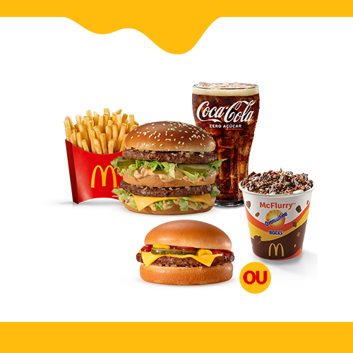 Nesta promoção você leva 1 (uma) McOferta Média Clássica e 1 (um) acompanhamento a sua escolha, para você compartilhar com quem preferir #Méquinosofá. Acompanha 1 (um) sanduíche entre as opções: Big Mac, Cheddar McMelt, Quarterão com Queijo, McChicken e Duplo Burger Bacon, 1 (uma) McFritas Média e 1 (uma) bebida e/ou Cheeseburger ou McFlurry Ovomaltine.