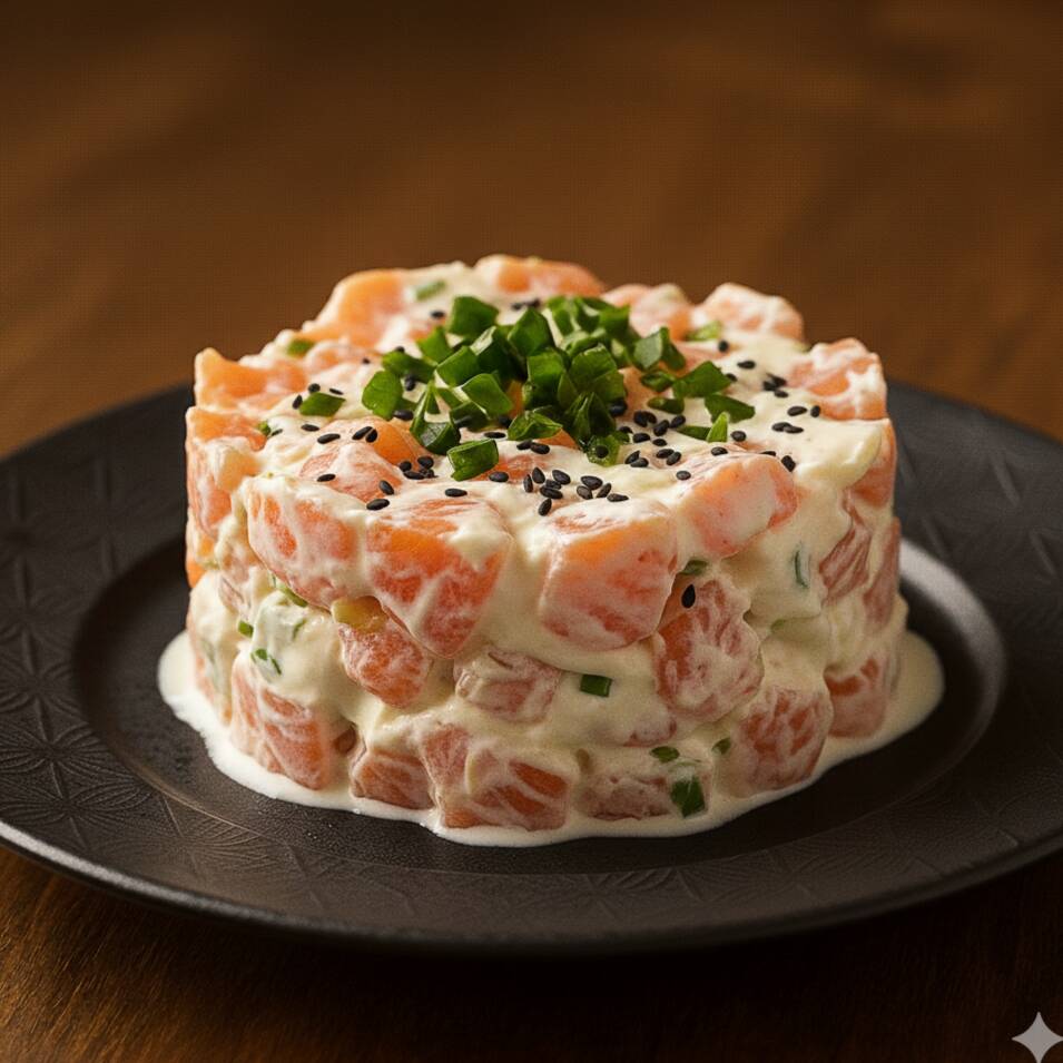 Deliciosos cubos de salmão com gergelim torrado, cebolinha e creem chesse 150g.