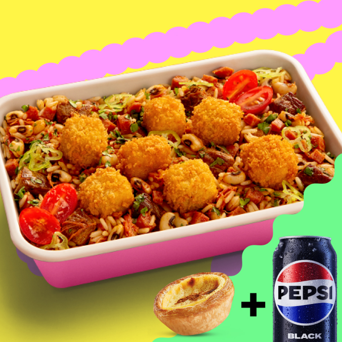 Baião de dois só no nome, porque na verdade ele é dez. Ele vem com queijo coalho empanado e pimenta-de-cheiro. Mas você não fica só cheirando não, vai logo mandar pra dentro, pode ter certeza. Para finalizar, os reis do borogodó do sabor: salsinha, cebolinha, coentro e tomate-cereja.  Acompanha 1 Refrigerante Lata + 3 Minichurros de Doce de leite ou 1 Pastel de Belém. Só vem!