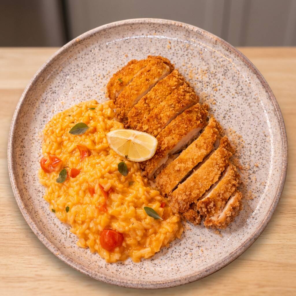 Risoto cremoso de muçarela de búfala, parmesão, tomate e manjericão, acompanha um delicioso file de frango empanado.
