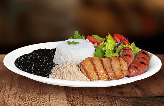 Meia sobrecoxa desossada (aprox. 97g in natura) super suculenta e 1 linguiça suína grelhada (aprox. 60g). Acompanha arroz, feijão, farofa, salada e molho. Sabor intenso na medida certa!