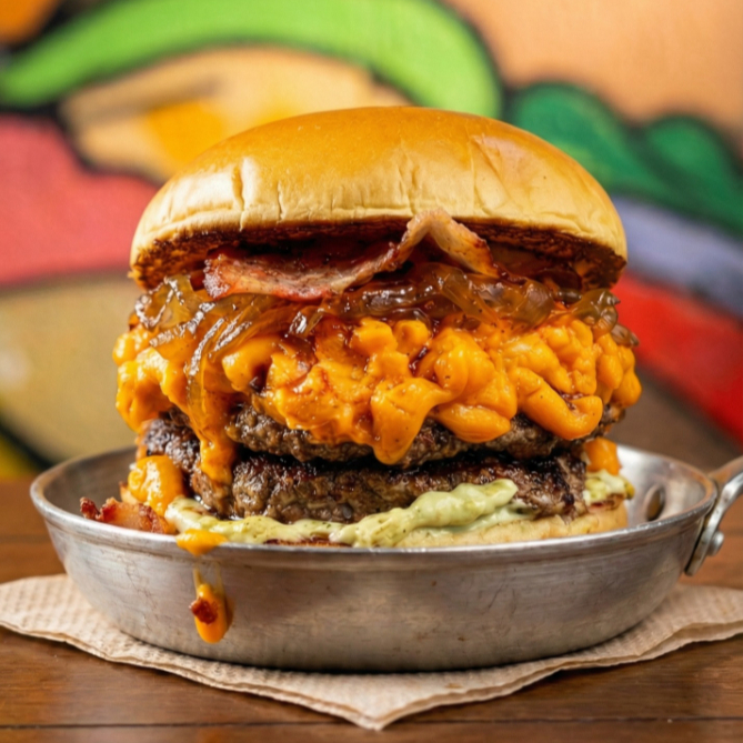 Pão brioche tostado na chapa com manteiga, dois hamburgueres artesanais de aprox 160g cada, cheddar cremoso, bacon, cebola caramelizada e maionese da casa.