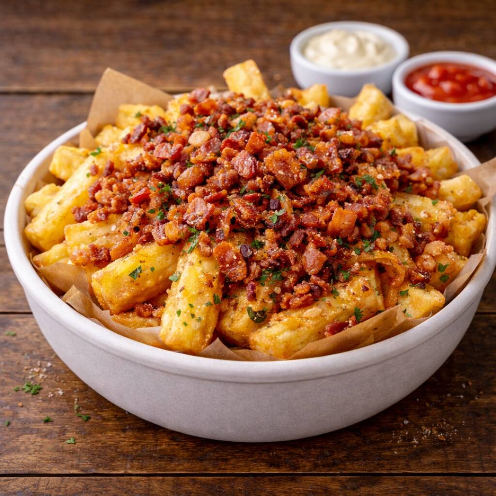 Batatas douradas e sequinhas, cobertas com bacon crocante premium e finalizadas com um toque de sal especial. O clássico que não falha!