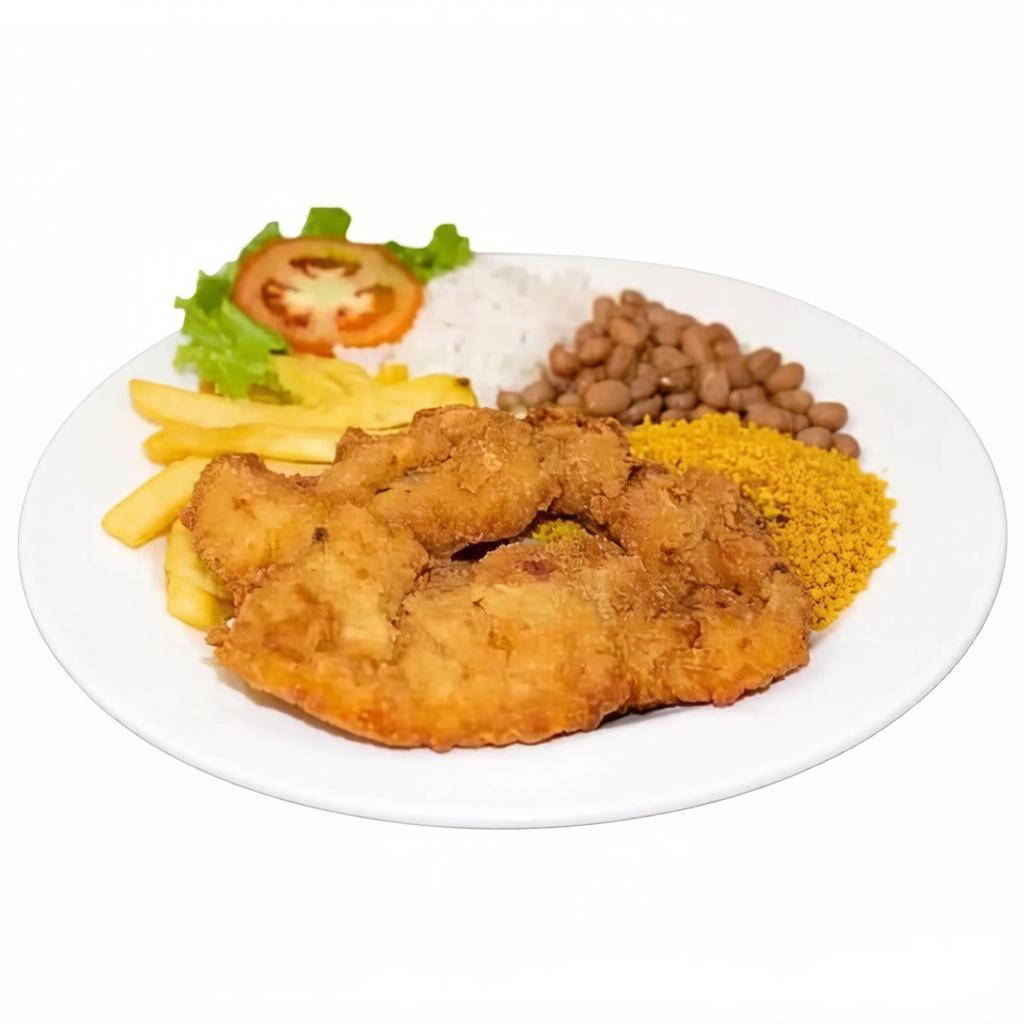 File de frango empanado, Arroz branco, feijão comum, salpicão, batata frita e salada.