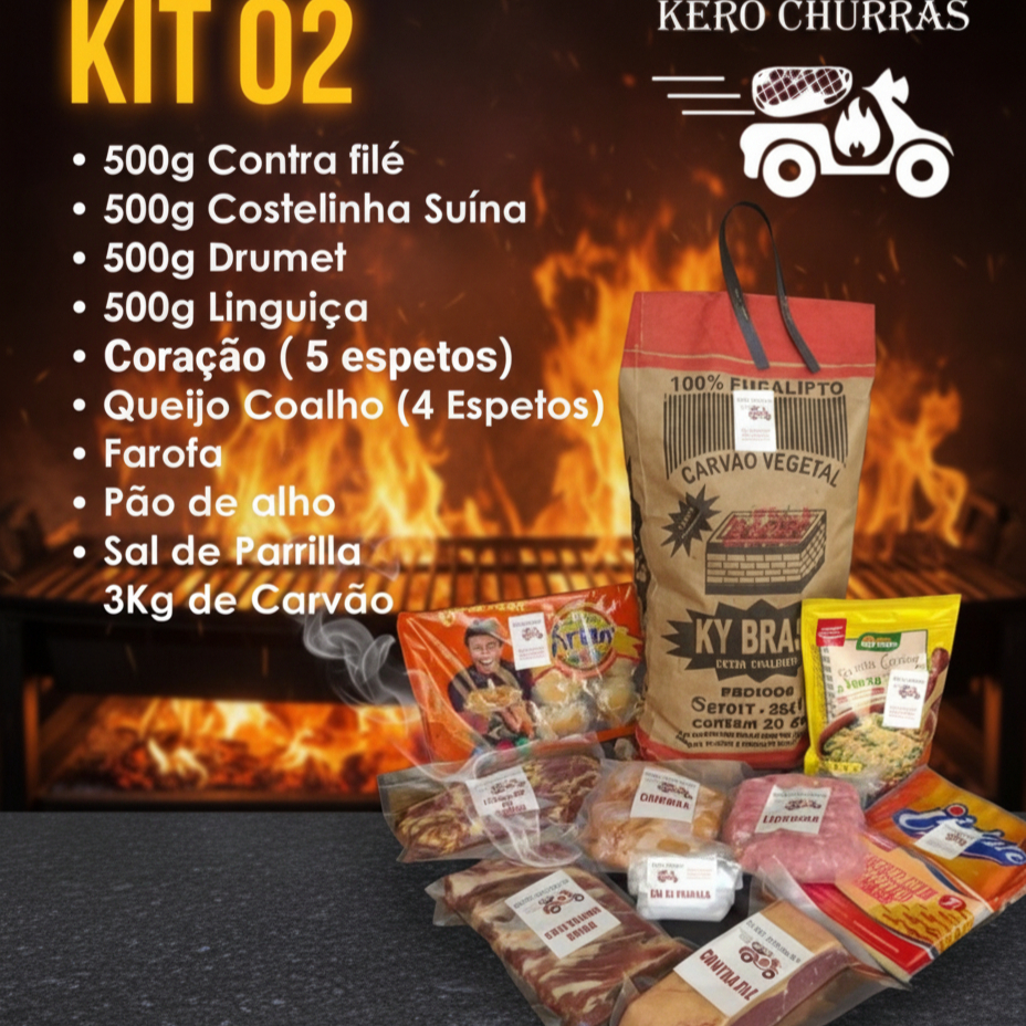 Kit pa⅝ra aprox. 6 pessoas - Contra Filé Grill ou Chorizo (500g). Costelinha suína semipronta (500g). Drumet no tempero especial kero churros (500g) Coração no shoyo (5 espetos). Linguiça suína ou de frango (500g). 1 pct de Pão de alho. Queijo coalho (4 espetos). 1 pct de farofa (300g). Sal de parrilla (100g). 1 saco de carvão (3kg)