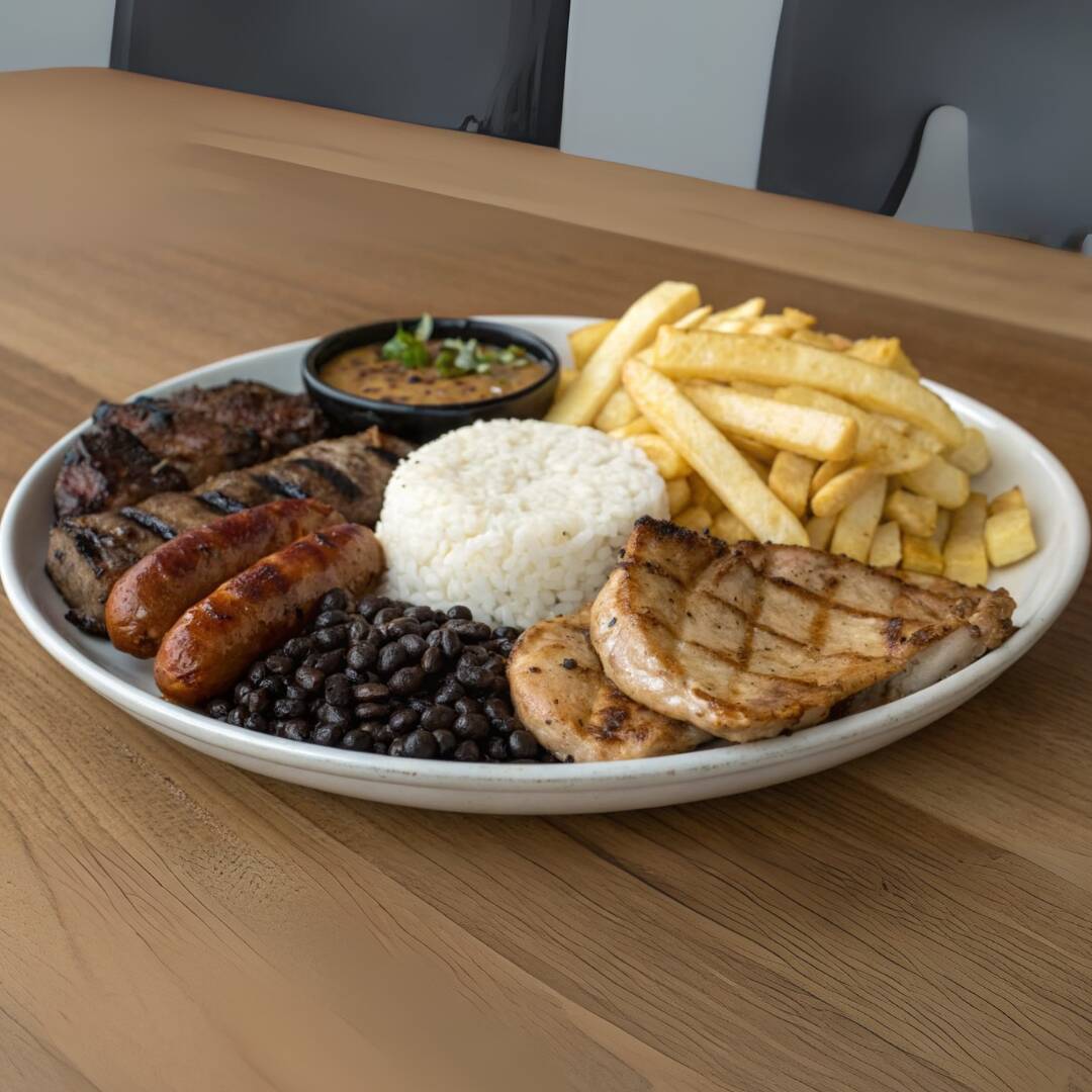 Delicioso churrasquinho misto na chapa com carnes variadas, grelhadas no ponto certo e cheias de sabor. Acompanha arroz soltinho, feijão temperado, farofa crocante e macarrão.