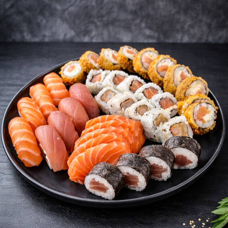 40 Pçs - 5 Huramaki Filadelphia, 5 niguiri de Salmão, 5 niguiri de Atum, 5 Hossomaki Atum, 10 Carioca de Salmão, 5 Tempura Holl (camarão empanado), 5 Sashimi Salmão