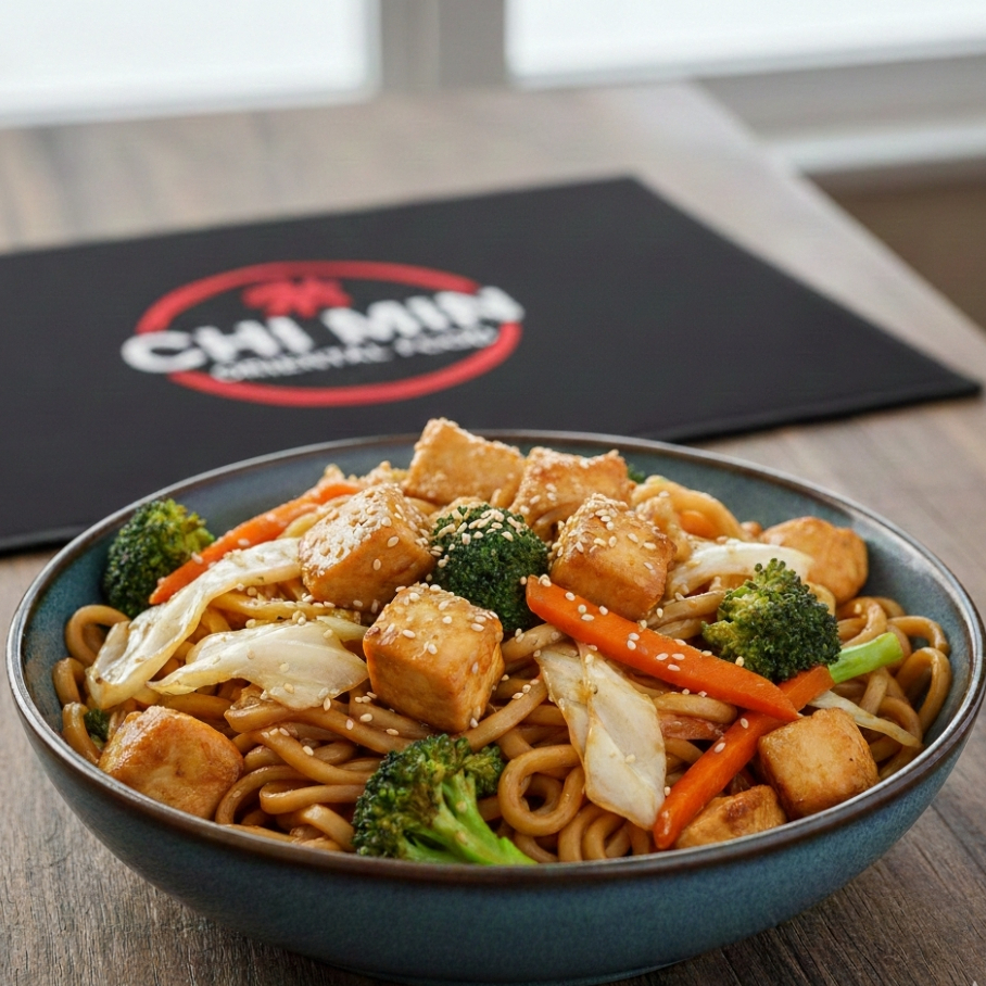 Macarrão especial, repolho, cenoura, brócolis, óleo de gergelim e frango.