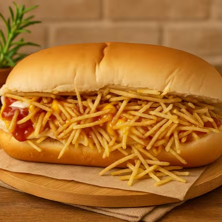 Pão sem lactose recheado com salsicha Goshen, purê de batata cremoso, vinagrete fresquinho, Catupop, batata palha crocante e os clássicos: ketchup, maionese e mostarda.