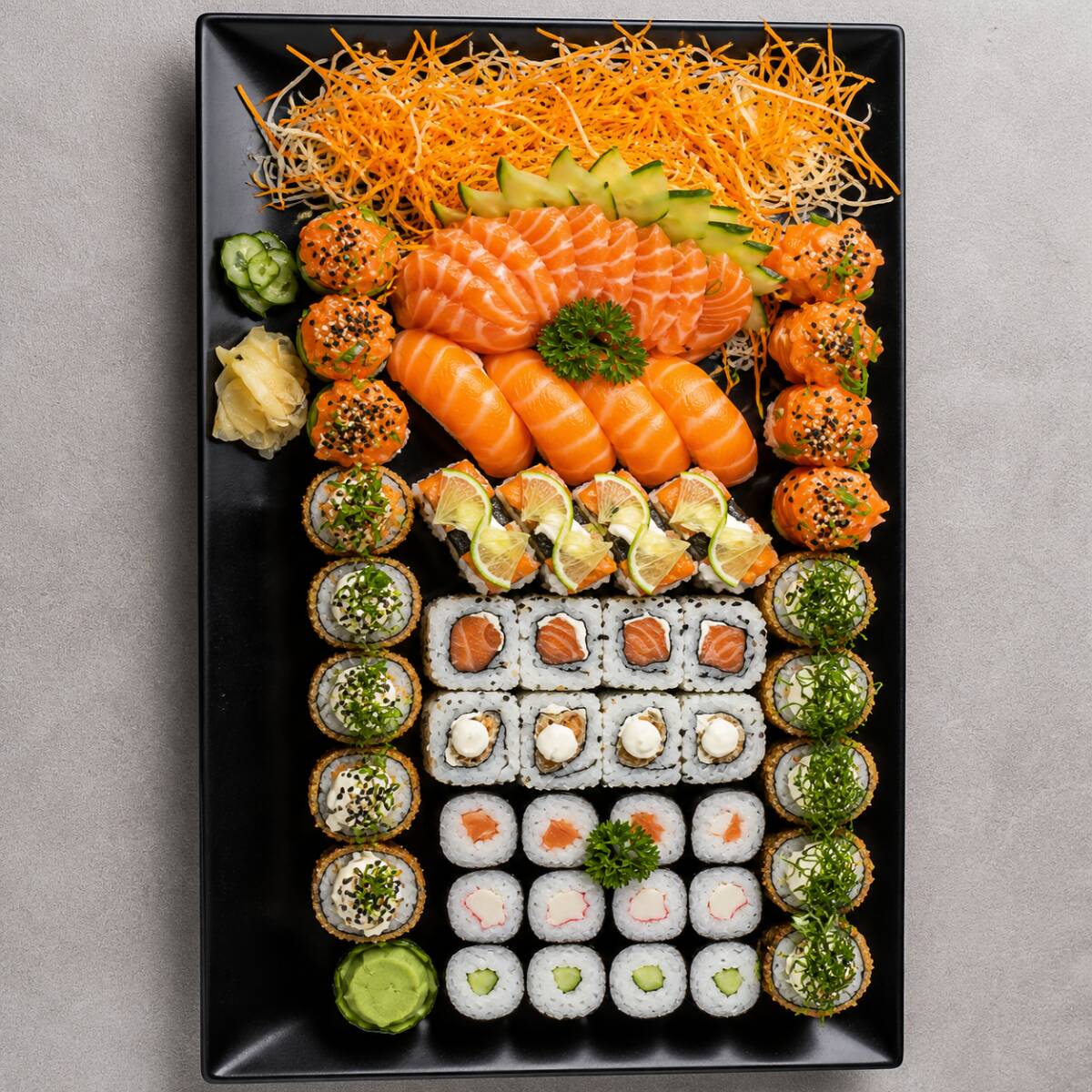 10 sashimi + 4 uramaki salmão + 4 uramaki skin + 4 jyo salmão + 4 jyo pepino + 4 niguiri salmão + 4 niguiri skin + 6 hot roll + 6 hot roll crispy + 4 hossomaki salmão + 4 hossomaki pepino + 4 hossomaki kani