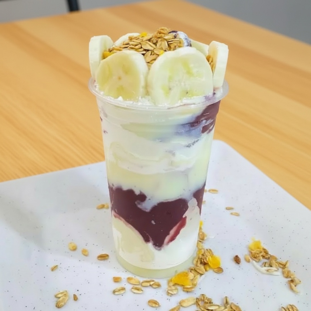Açaí ,leite em pó,leite condensado,banana e granola.Os adicionais vão juntos no copo.