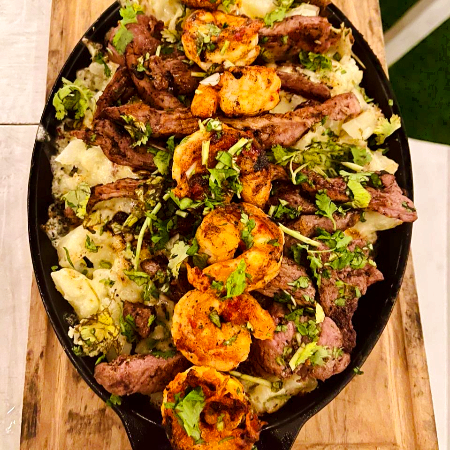 Papa horno espacial de arrachera y camaron