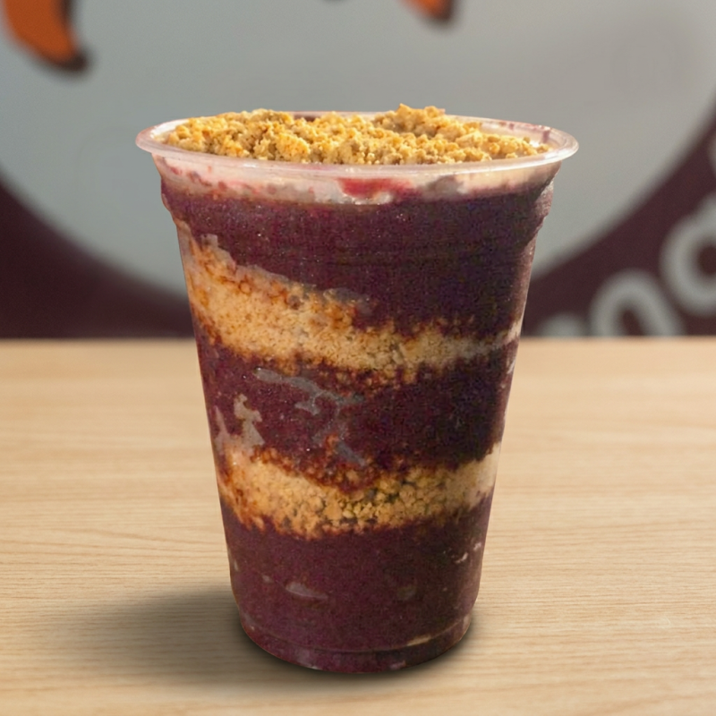 2x Açai, paçoca, leite condensado e amendoim moído 1º camada: Açai - 2º camada: paçoca, leite condensado e amendoim moído - 3º camada: Açai - 4ª camada: paçoca, leite condensado e amendoim moído
