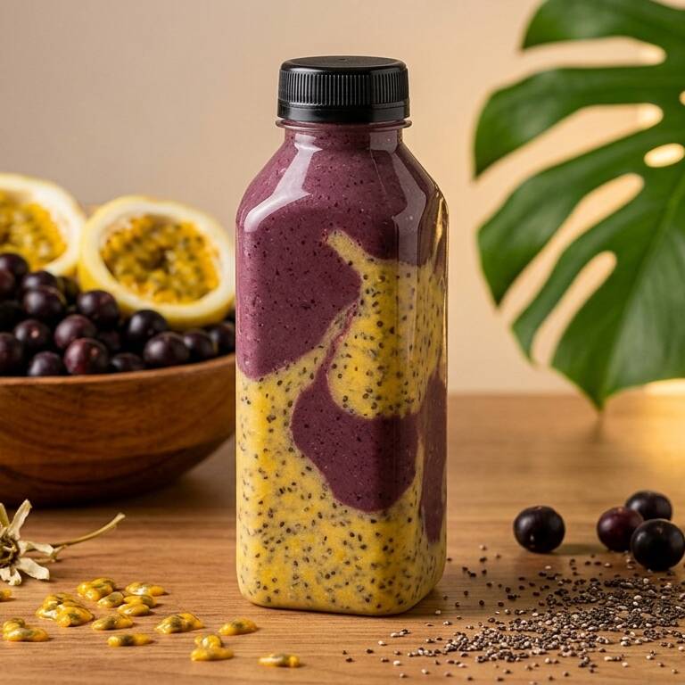 Açaí servido em garrafa, com Maracujá e pequenas sementes