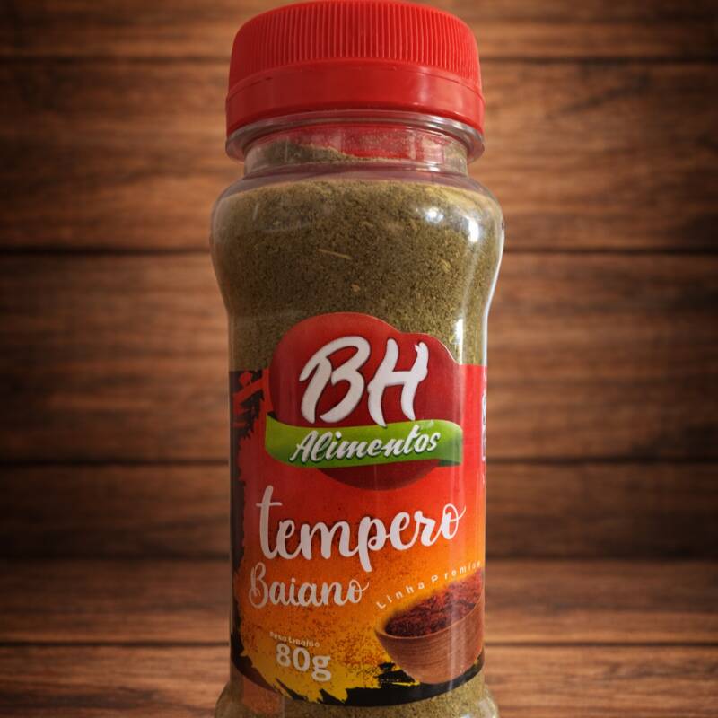 Frasco plástico com 80g de Tempero Baiano - Linha Premium.
