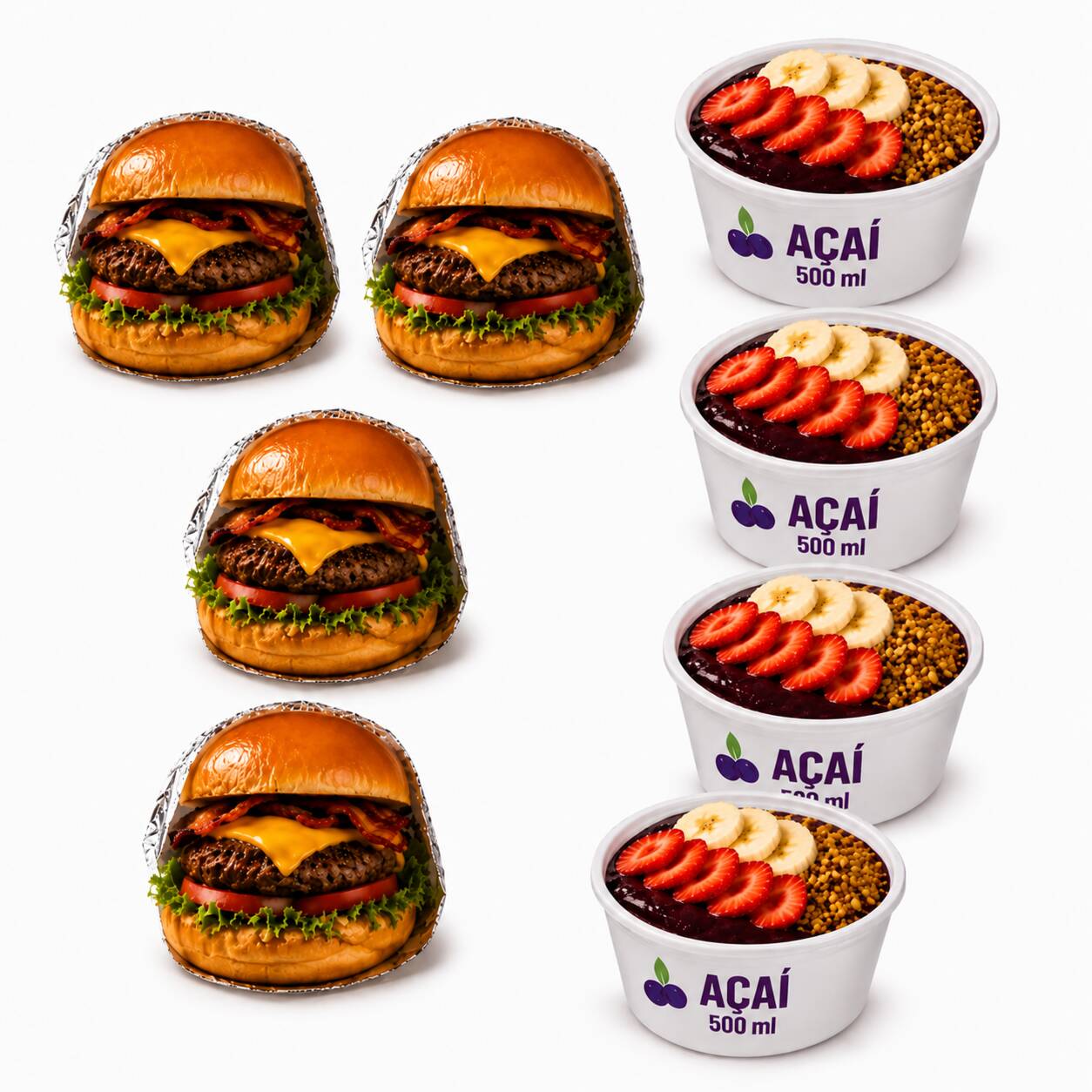 🍔💜 COMBO DOS SONHOS! 💜🍔
4 hambúrgueres Com carne de hambúrguer + salada deliciosos + 4 açaís no pote de 500 ml com aquele toque especial de amendoim torrado, leite ninho, leite condensado e granola! 😍
Uma combinação perfeita para quem ama comer bem e sem economizar no sabor. 🤤
🔥 Peça agora e aproveite! *Por tempo limitado*