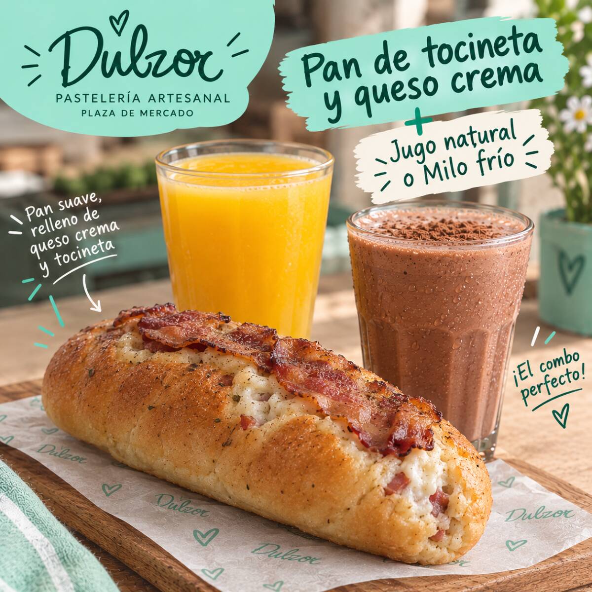Pan Tocineta y Queso + JUGO NATURAL O MILO FRÍO