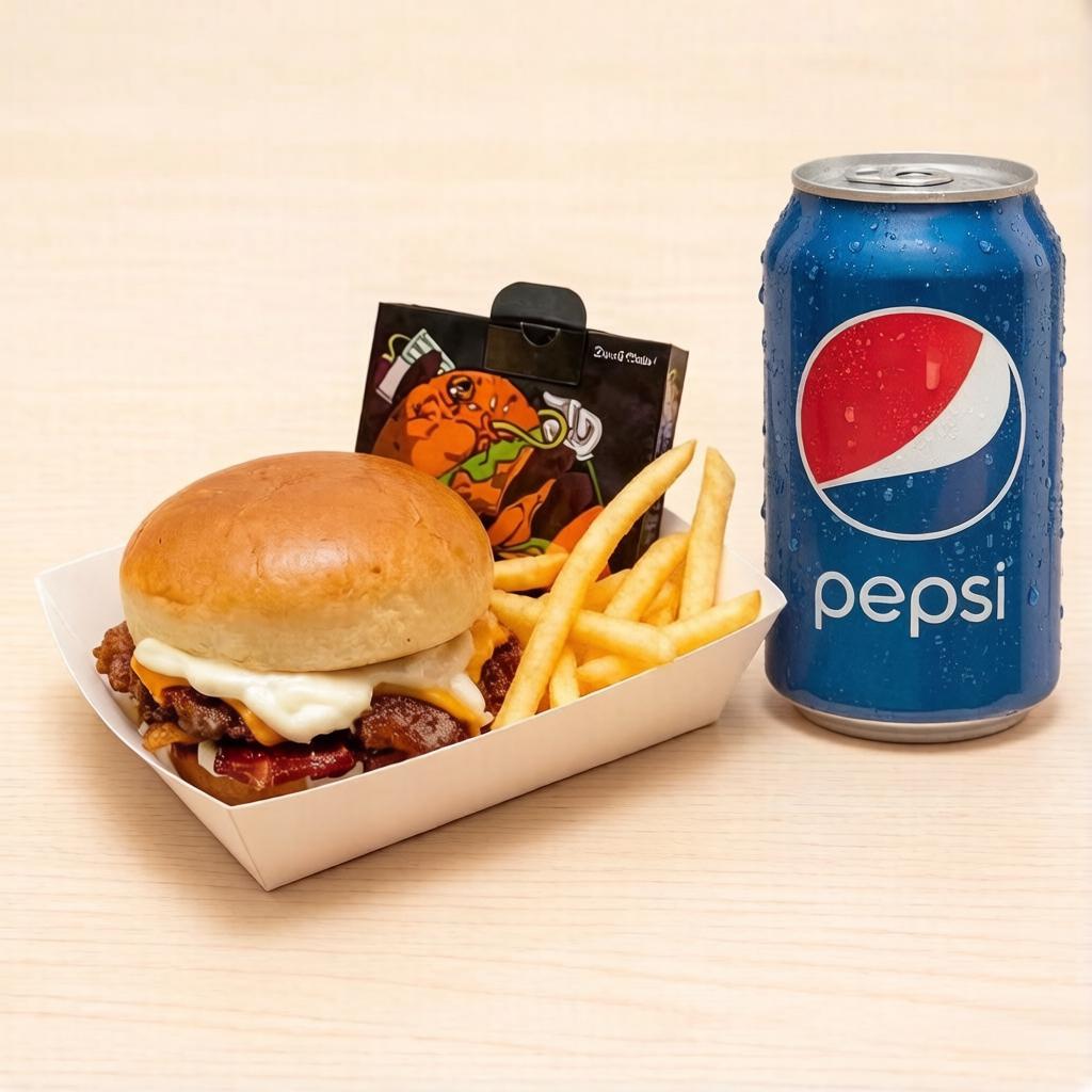 Combo especial com hambúrguer feito com pão brioche selado na manteiga, carne smash 60g, queijo derretido, bacon crocante e maionese do Chef. Acompanha batata frita crocante e dourada e refrigerante em lata bem gelado.