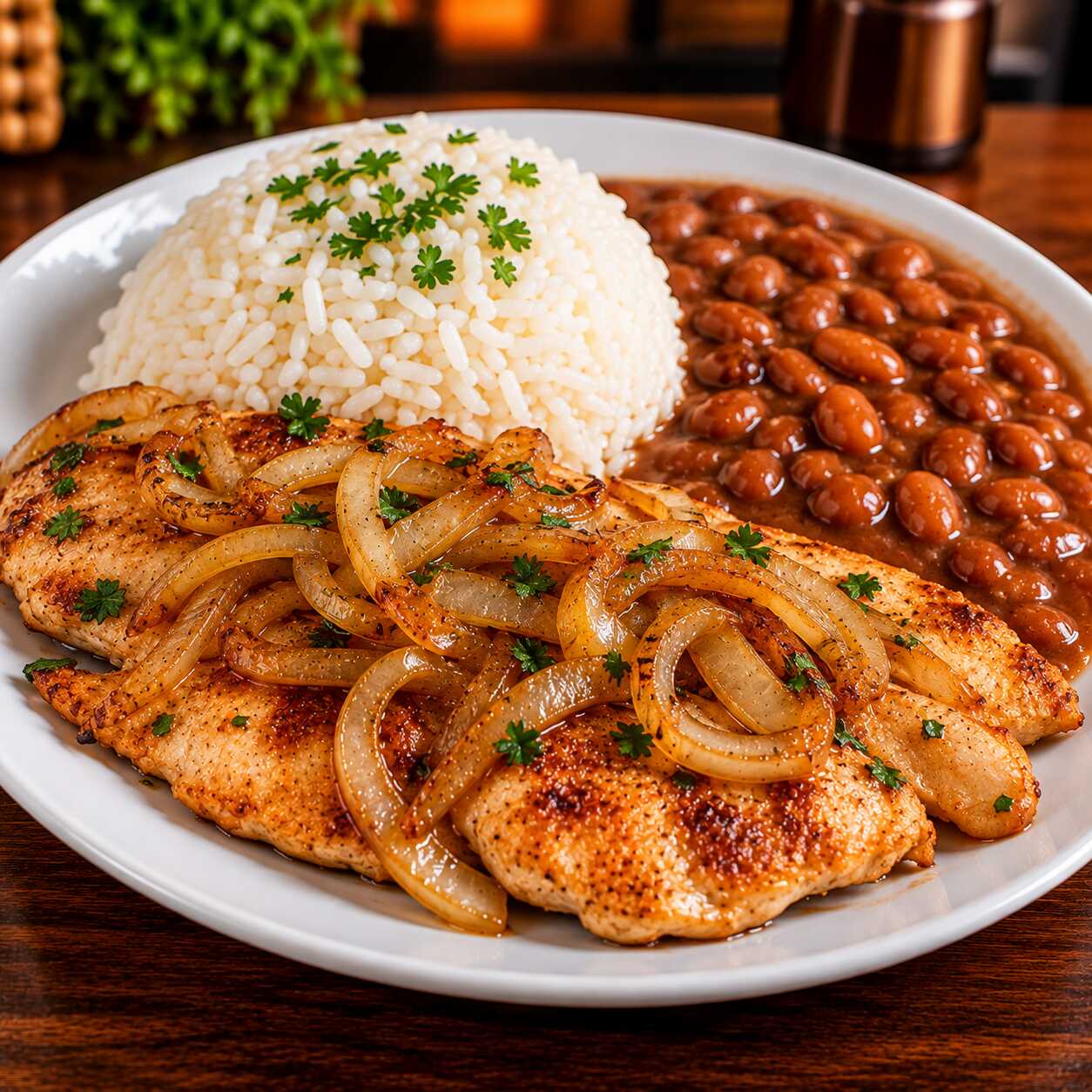 Filé de frango acebolado, grelhado no ponto certo, suculento e bem temperado, coberto com cebolas douradinhas. Acompanha arroz branco soltinho e feijão caseiro saboroso. Uma refeição completa, leve e cheia de sabor para o seu dia!